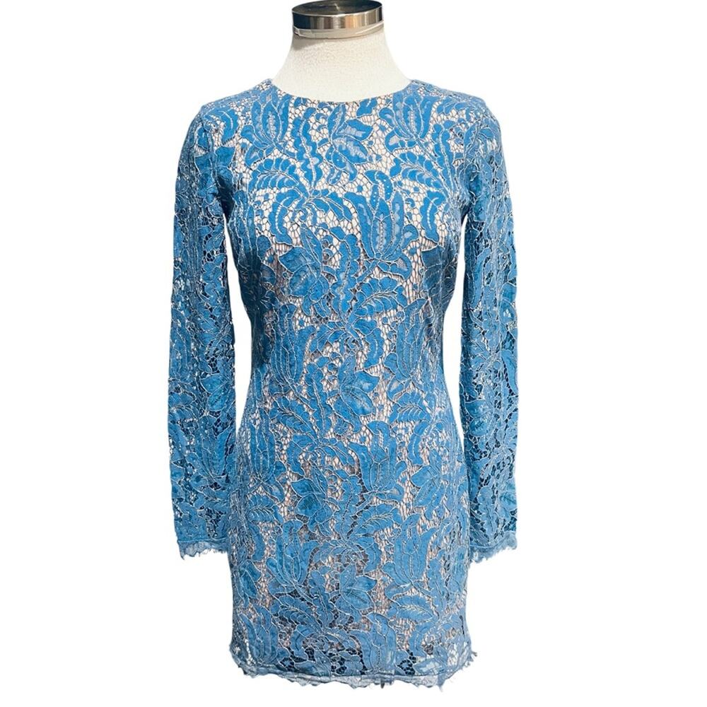 Dress The Population Blue Lace/ Gold details Long Sleeve Mini Dress Size XS New